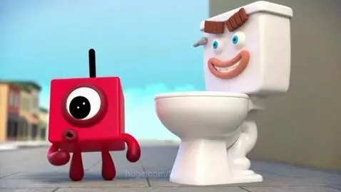 Numberblock 1 character standing next to a disintegrating cartoon toilet.