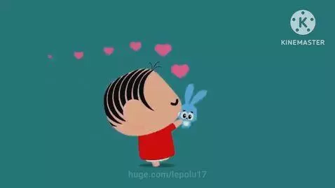 Cartoon boy with black hair and red shirt holding a blue bunny, with pink hearts floating around. Text "Mônica Toy" is visible.