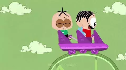 Two cartoon characters with smiling faces riding a purple roller coaster on a green track, with the Monica Toy logo visible.