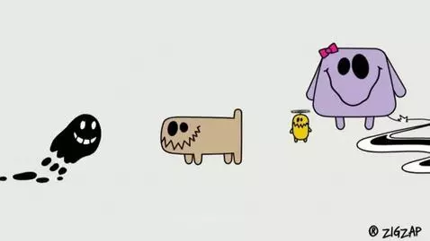 Animated characters: a black blob, a beige creature, a yellow character with a propeller, and a purple character with a bow.
