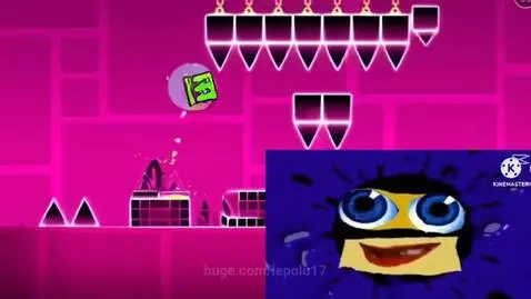 Geometry Dash gameplay with inverted colors, green square character, pink walls, white spikes, and Klasky Csupo logo.
