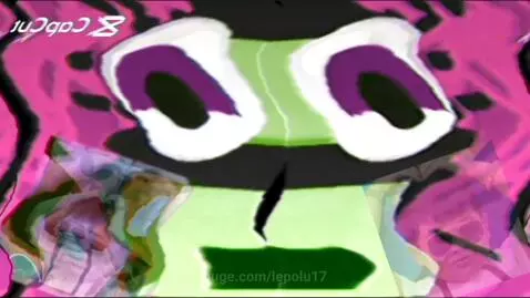 Abstract animation featuring a distorted, colorful cartoon face with shifting colors and glitch effects.