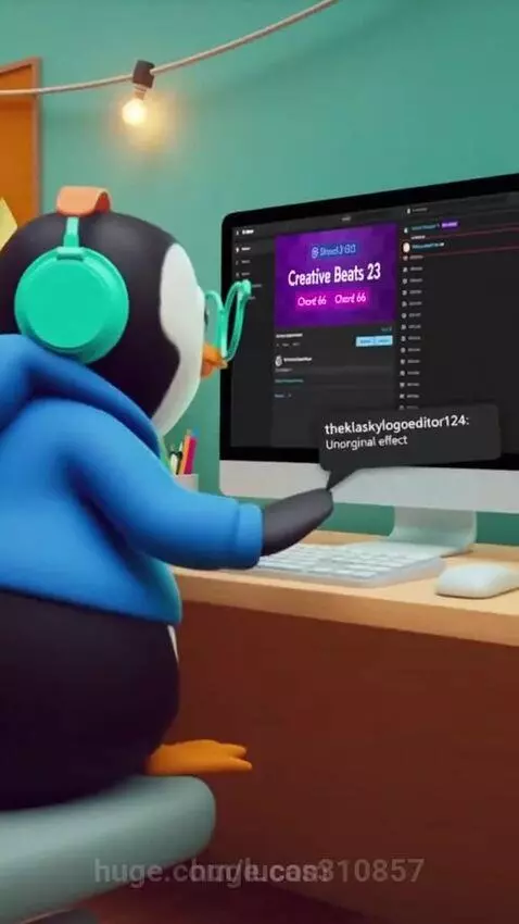 Animated penguin wearing headphones and glasses, reacting with colorful energy to a negative comment on its computer screen.