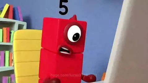 A red Numberblock character looking furious at a laptop screen, then smashing it.