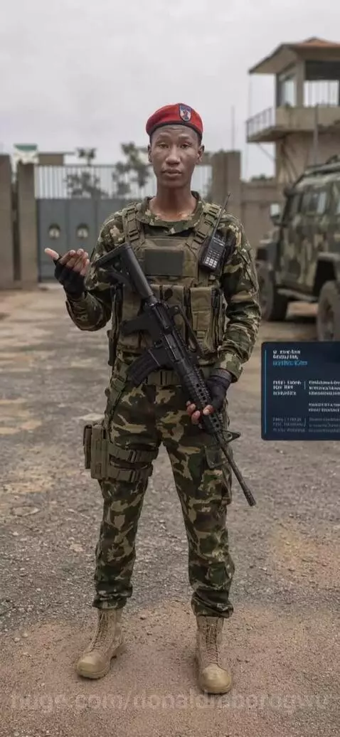 Man in military uniform with assault rifle discussing online money-making strategies in Nigeria.
