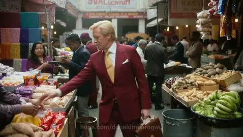 Man in red suit smiling and holding a bag of yellow fruits purchased at a busy Onitsha Market stall.