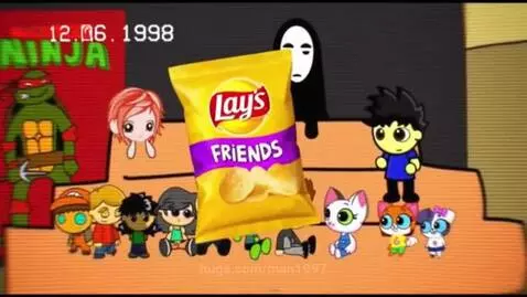Chibi-style animated characters and animals sharing a bag of Lay's Friends potato chips.