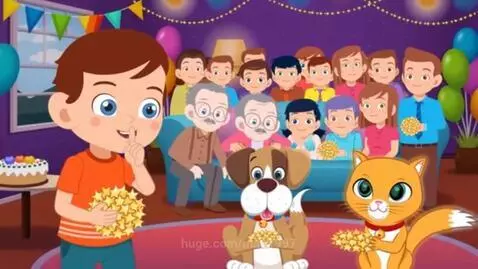 Animated birthday party scene with balloons, streamers, cake, and cartoon characters hiding for a surprise.