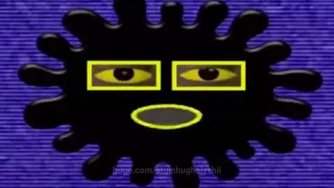 Klasky Csupo logo: a black blob character with yellow eyes on a purple static background, speaking the logo name.
