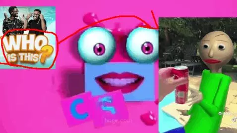 Baldi character superimposed on a distorted, color-inverted Klasky Csupo logo with glitch effects.