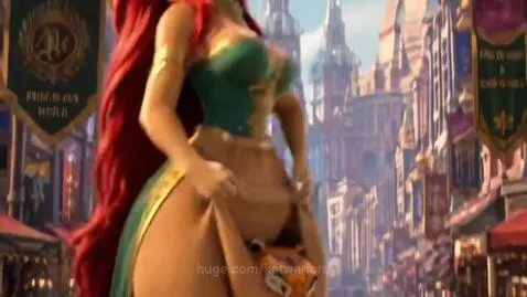 Anthropomorphic kangaroo character with red hair and revealing outfit, growing in size in a city and sky setting.