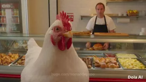 White chicken looking distressed at a rotisserie oven filled with roasted chickens.