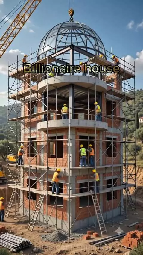 Time-lapse of a luxurious mansion construction, from empty plot to finished ornate house with landscaping.