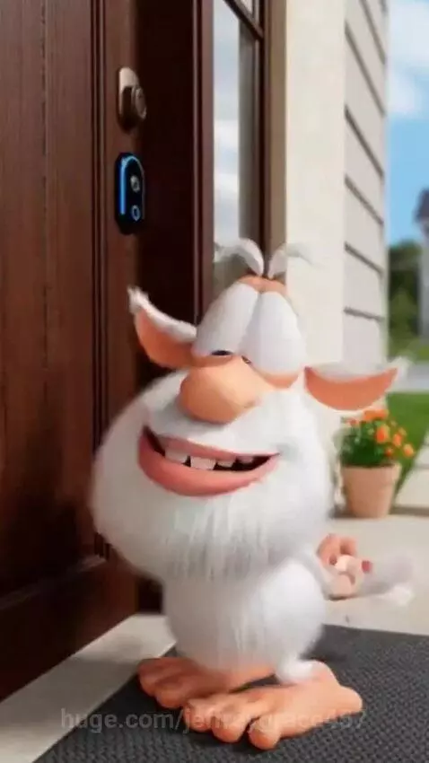 A furry cartoon character with blue eyes ringing a doorbell, then transforming into a rocket launching into the sky.