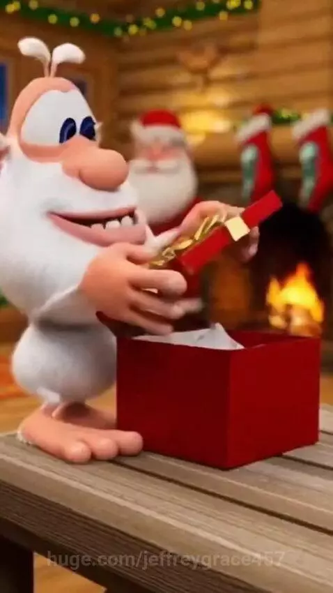 Booba the cartoon character looking disappointed at a Christmas gift containing a sock and chips, with a cabin exploding in the background.