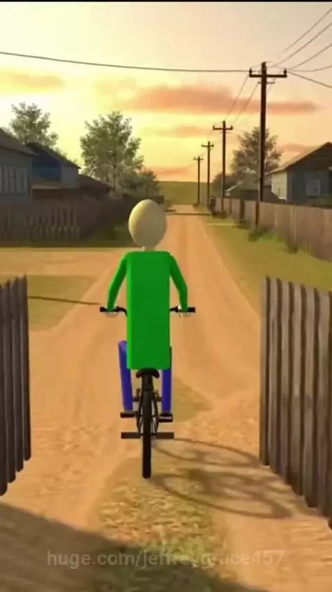 Bald cartoon character in green shirt and blue pants falls off a bicycle after attempting a wheelie on a dirt path.
