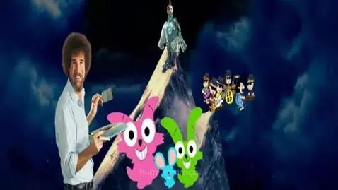 Surreal group picture on a snowy mountain peak under a stormy sky, featuring Bob Ross, animated characters, a robot chicken, and the Peanuts band.