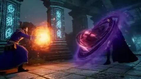 Wizard in blue robes casts a fireball at a sorcerer in black cloak with a dark energy shield in a ruined temple.