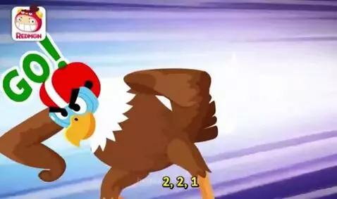 Animated eagle wearing a red helmet and blue goggles, flying joyfully through a blue sky with clouds.