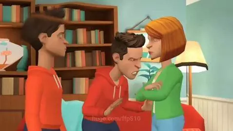 Animated characters in a living room, two males in red hoodies confronting a female in a green top, one male sternly tells Gayloo she is grounded.