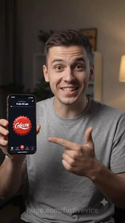 Young man smiling and pointing to phone screen showing ColaVPN app with virtual coins and a bottle cap icon.