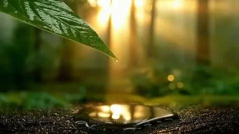 Close-up of a dewdrop on a green leaf in a misty rainforest at sunrise, with soft light.