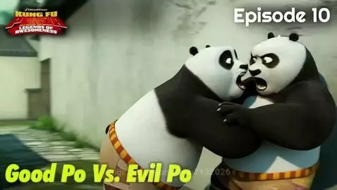 Animated characters 'Good Po' and 'Evil Po' from Kung Fu Panda in a confrontational stance, about to fight.
