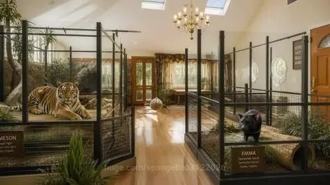 Tiger resting in a large enclosure next to a Tasmanian devil in its own habitat.