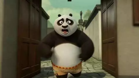 Animated characters, including Po, panic and run through a crowded movie theater during an emergency.