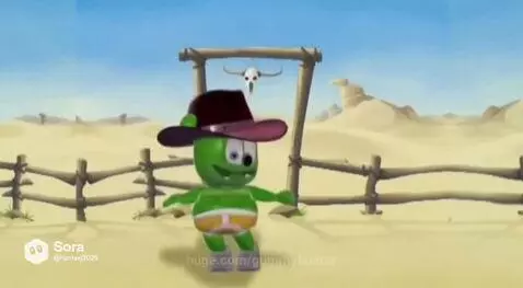 Animated green Gummy Bear in cowboy hat and underwear dancing in a desert with sand dunes and a bull skull arch.