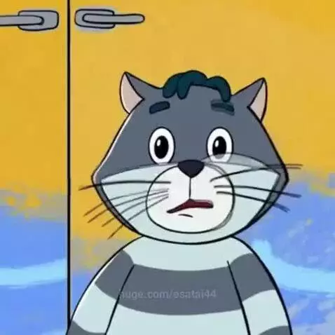 Animated grey striped cat looking surprised, then closing eyes and wailing, set against a dark, gloomy landscape.