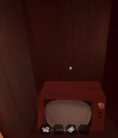 First-person view of a retro TV cabinet in Hello Neighbor, showing a reel-to-reel player with a 'Say Say Say' VHS tape.