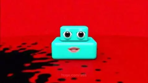 Stylized blue character with cartoon eyes on a red background with black ink splatters, being removed from the frame.