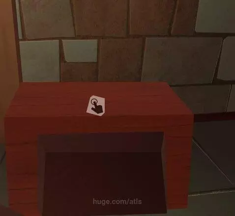 First-person view of a video game environment with a wooden table, tiled wall, and a VHS tape on the floor.