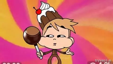 Cartoon boy with a chocolate sundae on his head surrounded by colorful, multiplying cartoon cats.