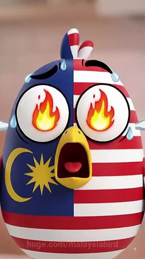 Animated bird character with Malaysian and American flags, reacting to a spicy chip, surrounded by flames.