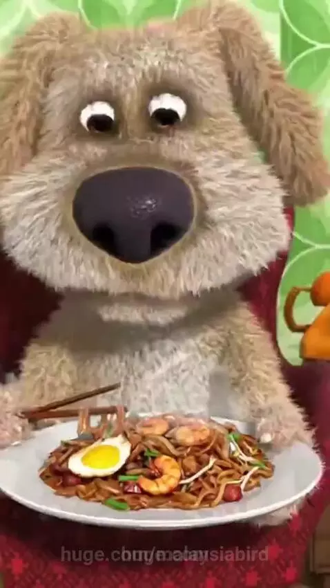 Animated dog Ben sitting in a red armchair, happily eating char kuey teow with chopsticks.