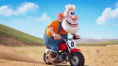 Animated old man with white beard falls off a red dirt bike after attempting a wheelie in a field.