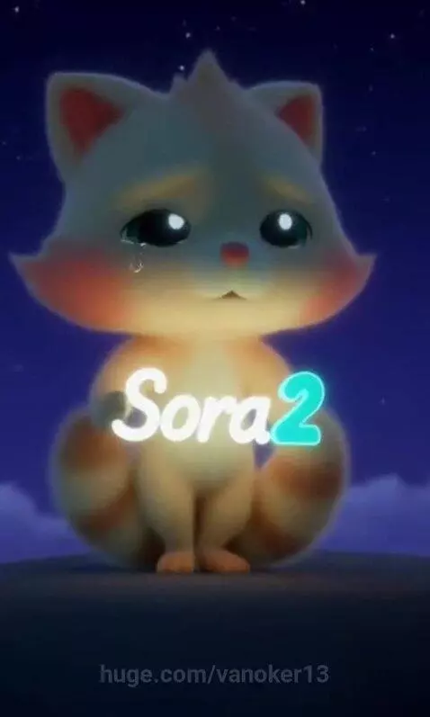 Sad, animated cat-like creature with large eyes crying against a dark blue starry night sky, with 'Sora 2' text.