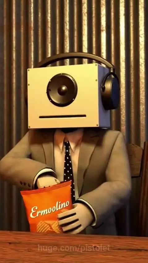 Speaker-headed character in a suit eating Ermoolino chips, with a TCC delivery bike appearing at a door.