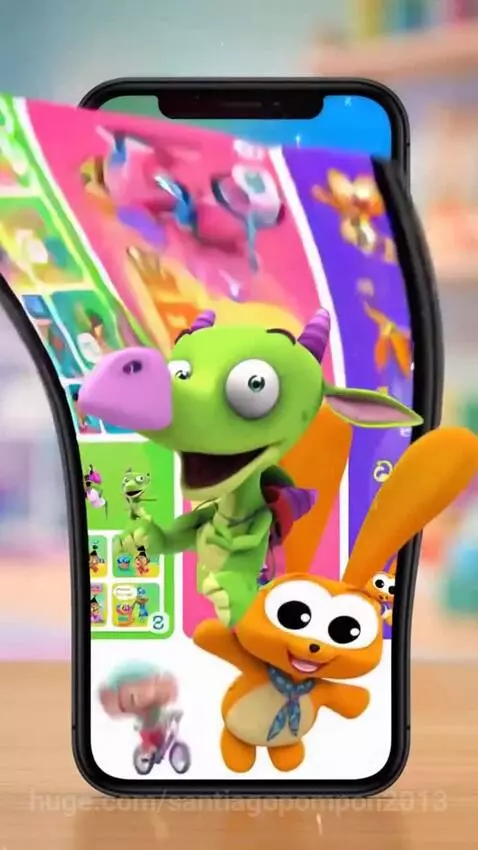 Mobile phone displaying the BabyTV app with cartoon characters like a dragon, elephant, and rabbit.