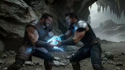 Two muscular fantasy warriors in armor in a cave, locked in a fierce tug-of-war over a glowing blue object.