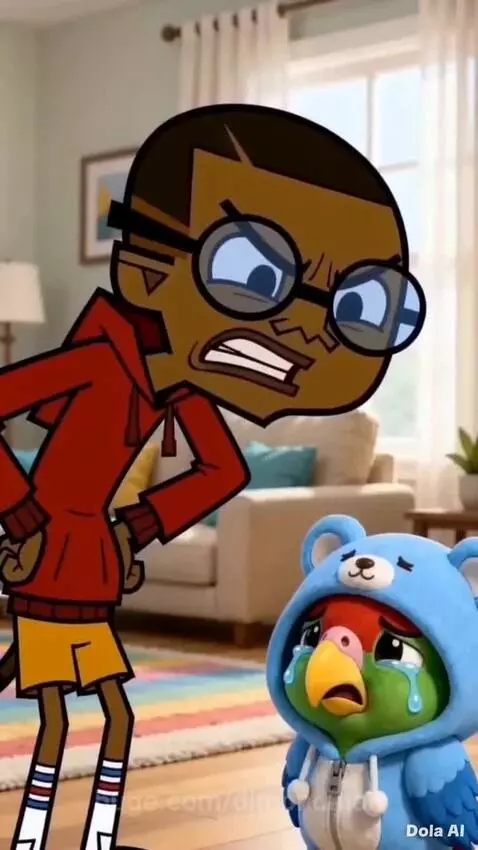 Animated crystal character hugging a small, crying parrot wearing a blue bear costume.