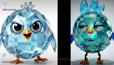 Two cartoon birds made of gemstones; one teal/green bird angrily points at a light blue bird, which transforms into a crying poop emoji.