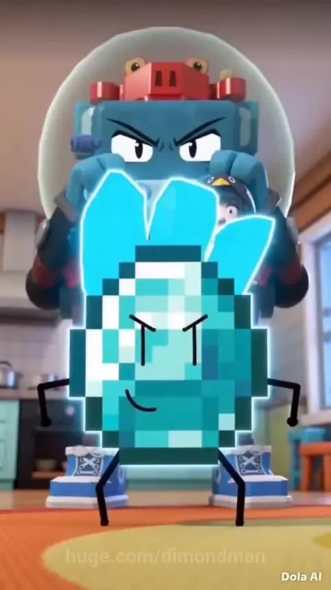 Animated blue robot holding a glowing diamond, with a happy parrot and penguin dancing.