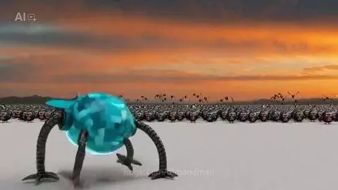A blue robot fighting a large army of black birds wearing 'ANTI-SPAINBIRD' scarves in a desert.