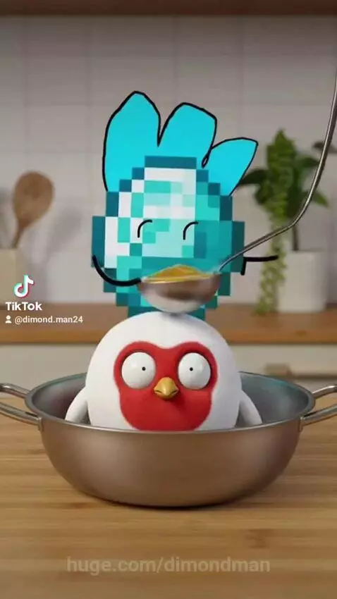 Pixelated Dimond Man character cooking a white bird character named Zuzu into a fried chicken leg.