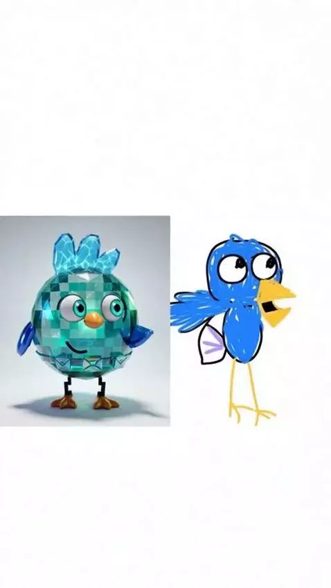 Animated blue birds, one shiny and one hand-drawn, with a yellow chick. The shiny bird is scolding the hand-drawn bird.