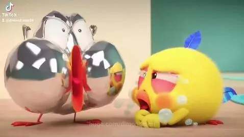 Two animated birds, one yellow and crying, the other silver and blowing bubbles, in a room.