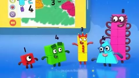Animated Numberblocks characters 1, 3, 4, 5, and 8 inflating on a starry blue background.